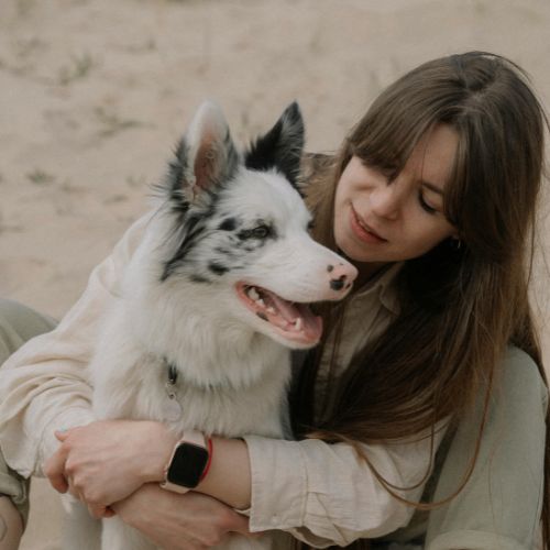 Dog sitting with owner on the beach Dog sitting with owner on the beach